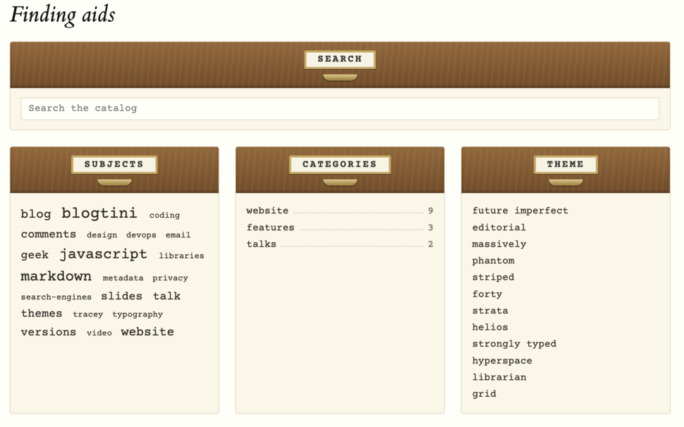 Finding aids: card catalog drawers for search, subjects, categories and the theme picker